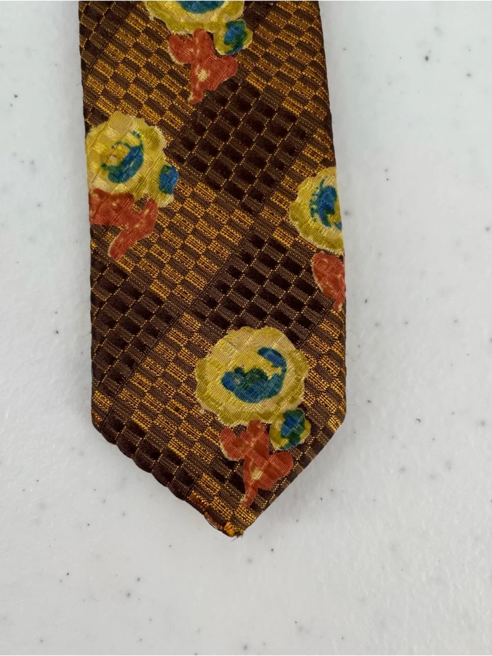 Ermenegildo Zegna Two Tone Brown Background Yellow Blue Orange Floral Silk Tie